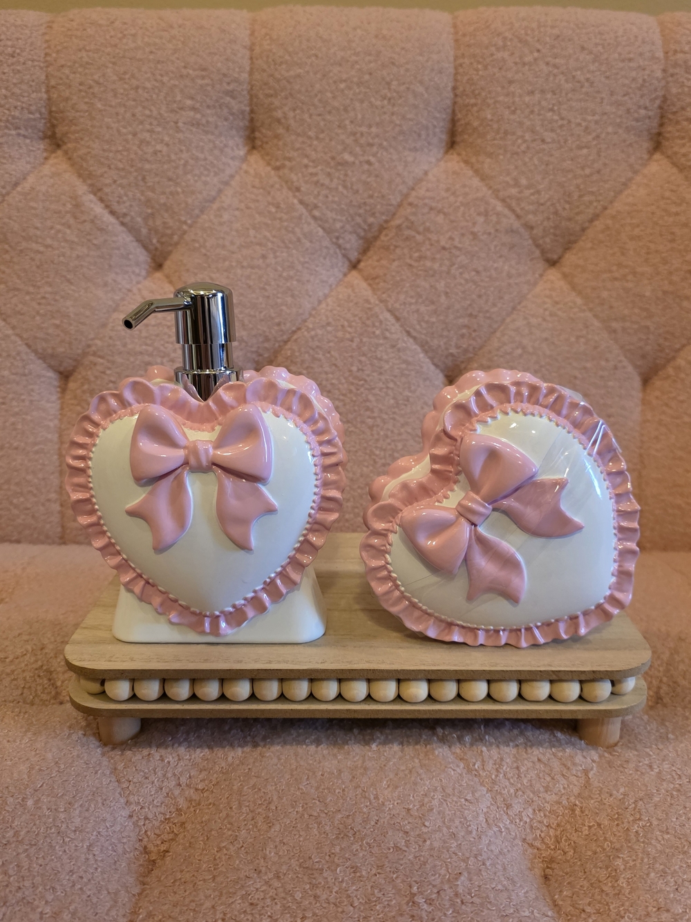 Pink Heart Bow Ceramic Soap Dispenser & Heart Dish With Lid Set - Picture 2 of 10